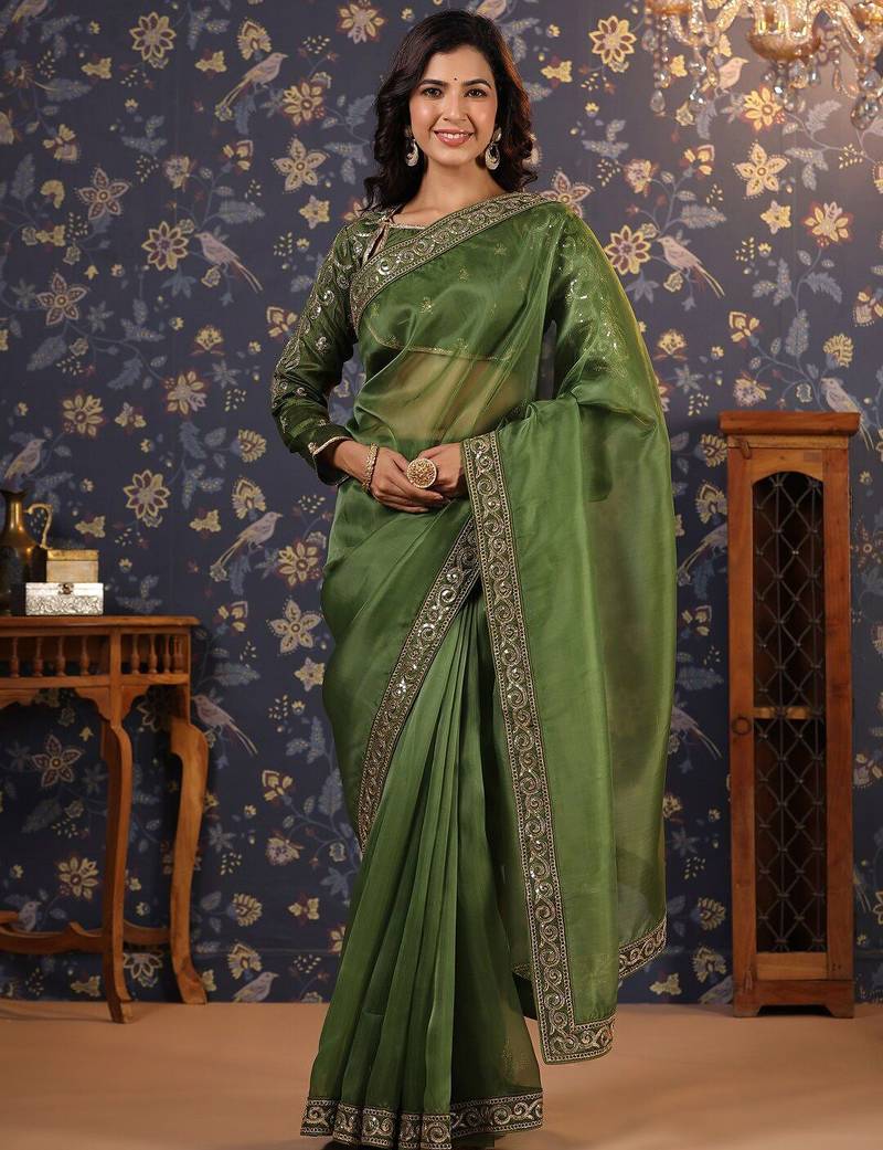 Olive embellished sequinned border saree