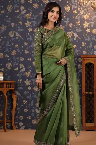Olive embellished sequinned border saree