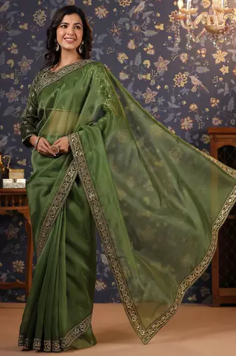 Olive embellished sequinned border saree
