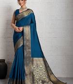 Teal rich zari border saree with blouse piece