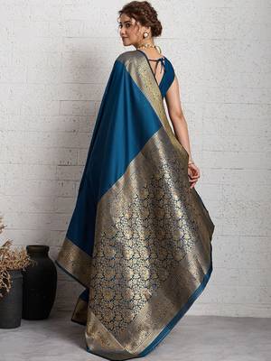 Teal rich zari border saree with blouse piece 3