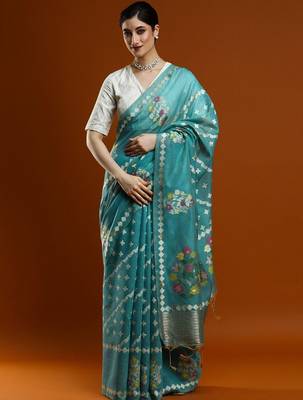 Blue woven design banarasi sarees with blouse piece 1