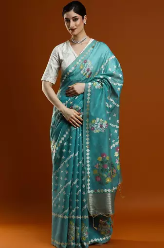 Blue woven design banarasi sarees with blouse piece