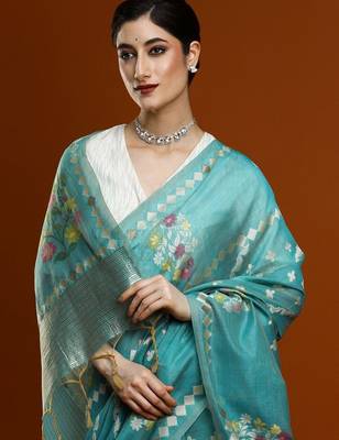 Blue woven design banarasi sarees with blouse piece 2
