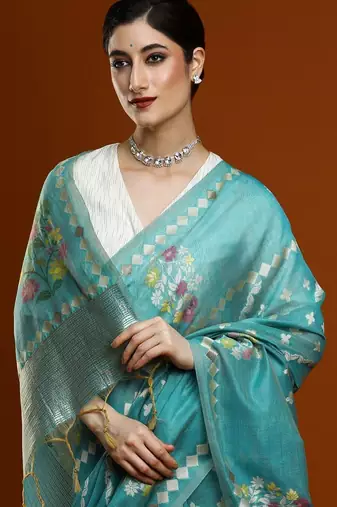 Blue woven design banarasi sarees with blouse piece