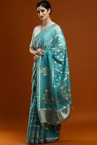 Blue woven design banarasi sarees with blouse piece
