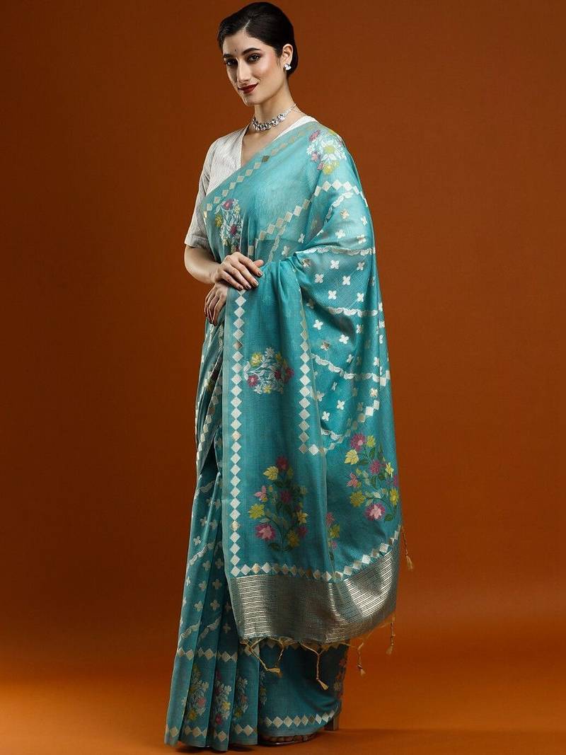 Blue woven design banarasi sarees with blouse piece