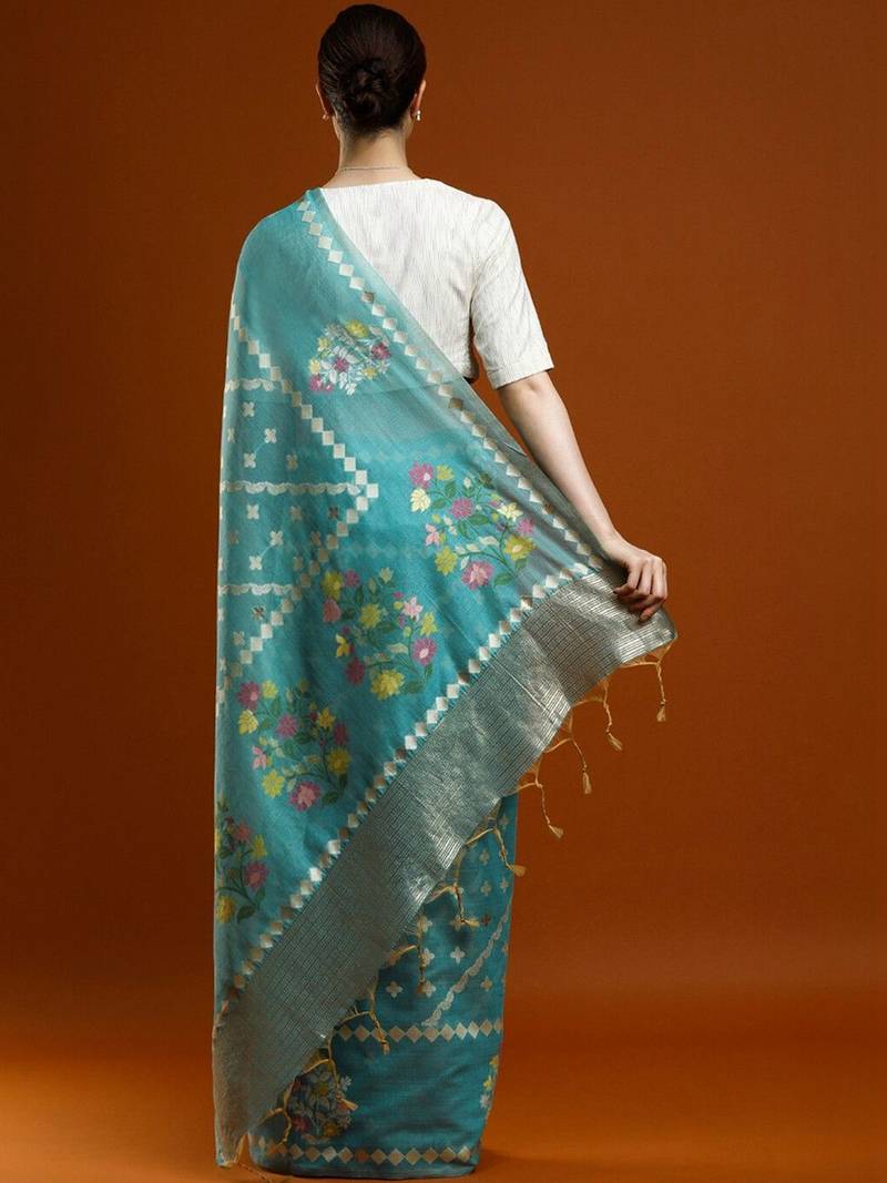 Blue woven design banarasi sarees with blouse piece