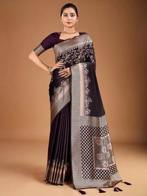 Burgundy floral zari woven design tassels saree with blouse piece 1
