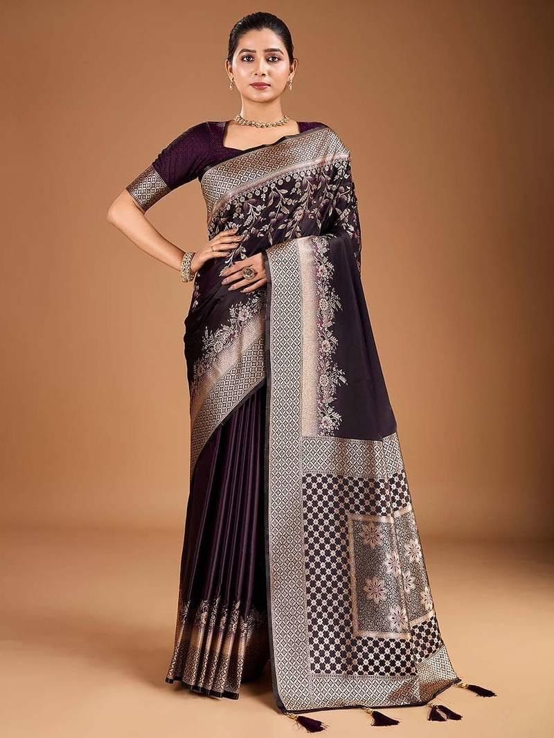 Burgundy floral zari woven design tassels saree with blouse piece