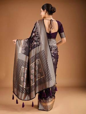 Burgundy floral zari woven design tassels saree with blouse piece 3