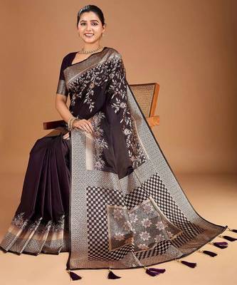 Burgundy floral zari woven design tassels saree with blouse piece 4