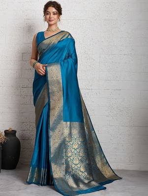 Turquoise rich zari border saree with blouse piece 1