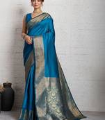 Turquoise rich zari border saree with blouse piece