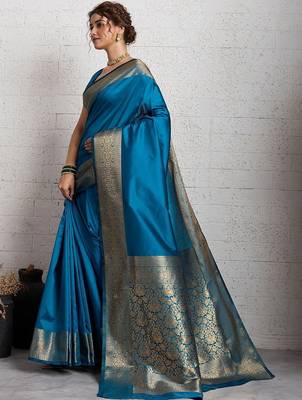 Turquoise rich zari border saree with blouse piece 4