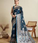 Teal ethnic motifs zari saree with unstitched blouse