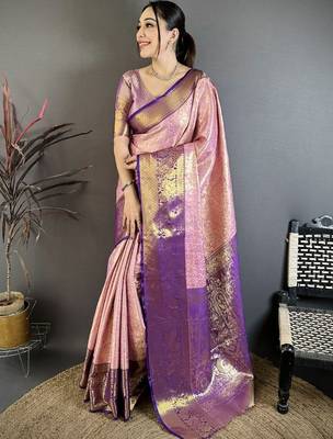 Pink woven design kanjeevaram sarees with unstitched blouse piece 1