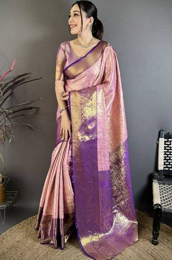 Pink woven design kanjeevaram sarees with unstitched blouse piece