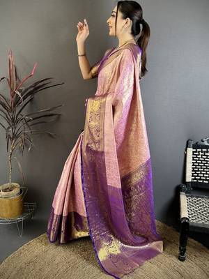 Pink woven design kanjeevaram sarees with unstitched blouse piece 5