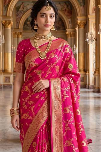 Pink woven design zari silk blend khadi saree