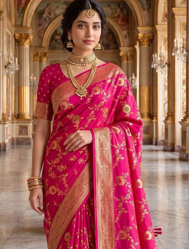 Pink woven design zari silk blend khadi saree