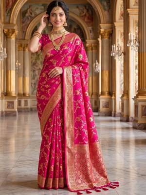 Pink woven design zari silk blend khadi saree 2