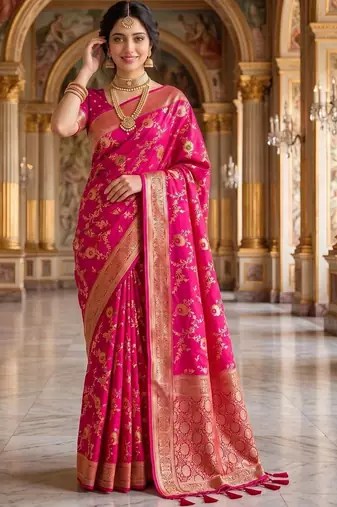 Pink woven design zari silk blend khadi saree
