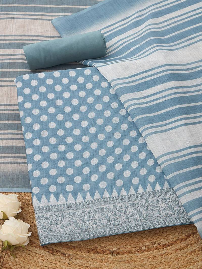 polka dots printed linen unstitched dress material