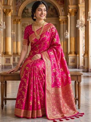 Pink woven design zari silk blend khadi saree 4