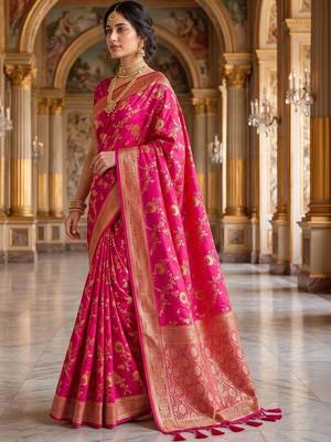 Pink woven design zari silk blend khadi saree 5
