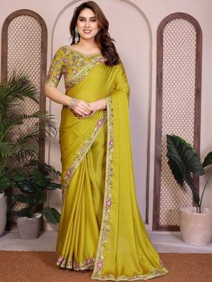 Yellow yellow satin chiffon embroidery saree 1