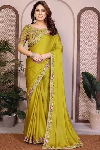 Yellow yellow satin chiffon embroidery saree