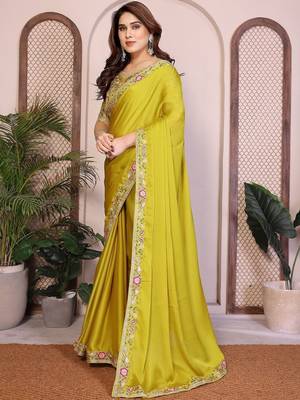 Yellow yellow satin chiffon embroidery saree 2