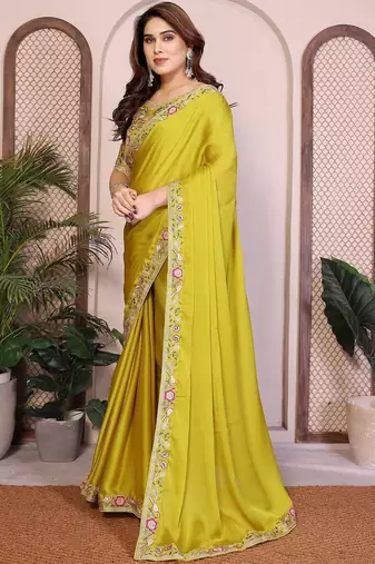 Yellow yellow satin chiffon embroidery saree