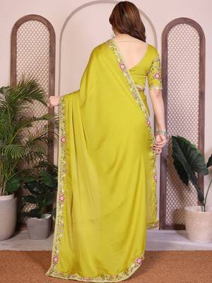Yellow yellow satin chiffon embroidery saree 3