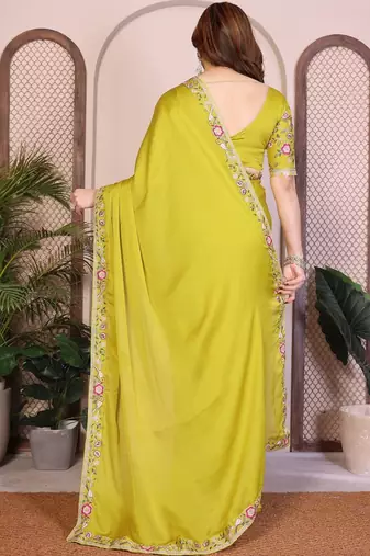 Yellow yellow satin chiffon embroidery saree