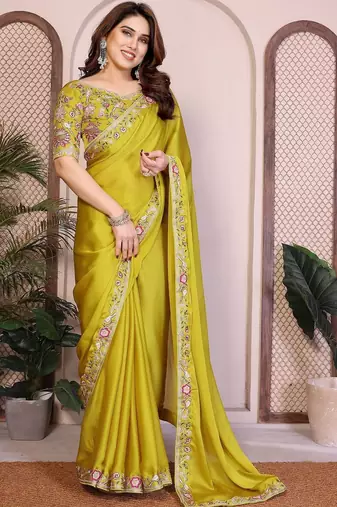 Yellow yellow satin chiffon embroidery saree