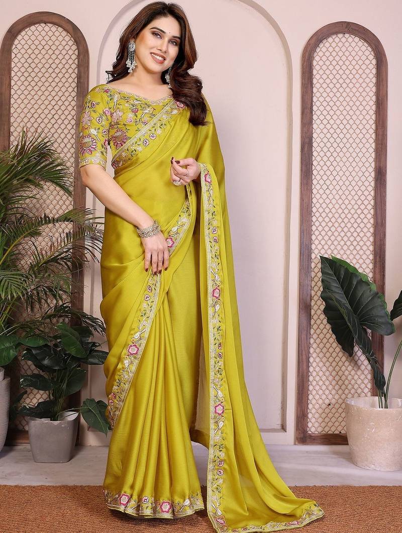 Yellow yellow satin chiffon embroidery saree