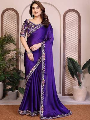 Violet violet satin chiffon embroidery saree 1