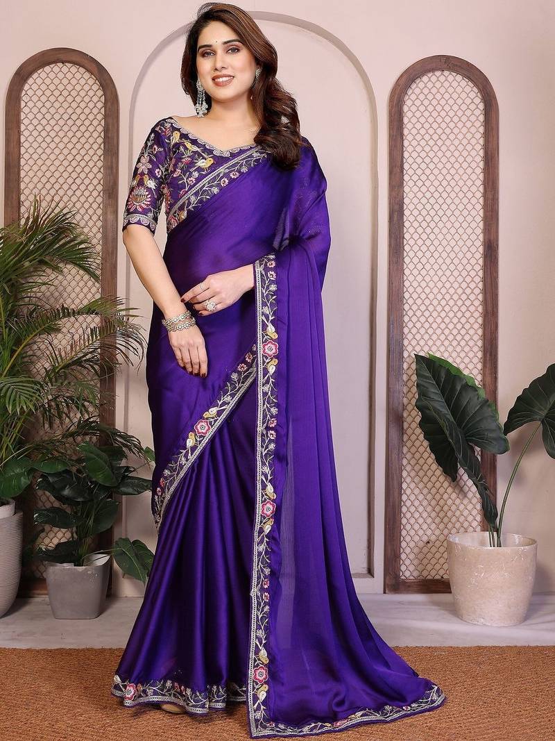 Violet violet satin chiffon embroidery saree