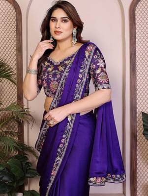 Violet violet satin chiffon embroidery saree 2