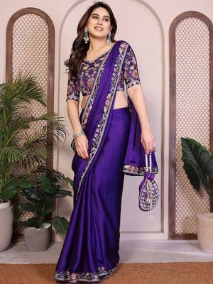 Violet violet satin chiffon embroidery saree 3