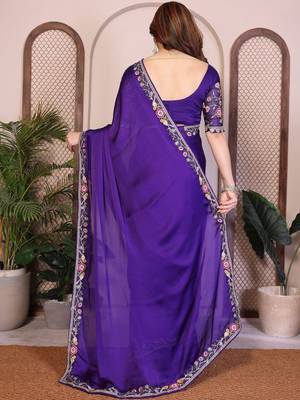 Violet violet satin chiffon embroidery saree 4