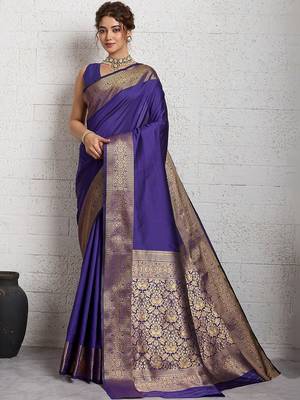 Purple rich zari border saree with blouse piece 1
