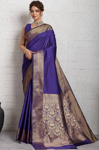 Purple rich zari border saree with blouse piece
