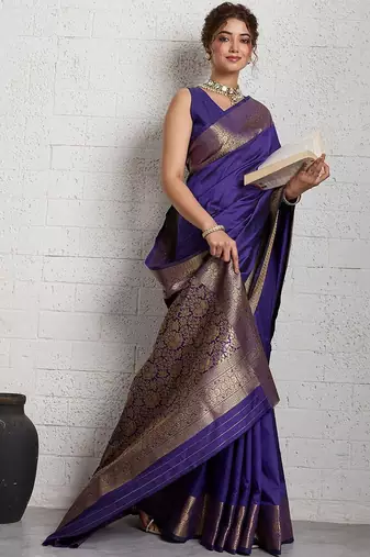 Purple rich zari border saree with blouse piece