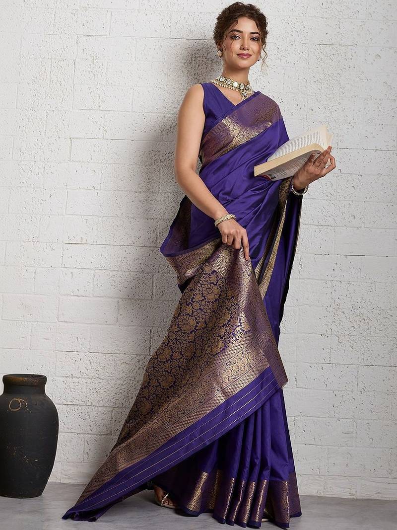 Purple rich zari border saree with blouse piece