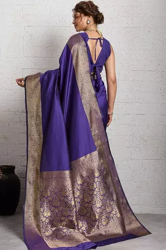 Purple rich zari border saree with blouse piece