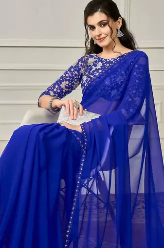 Blue sequin embellished border saree with unstitched blouse