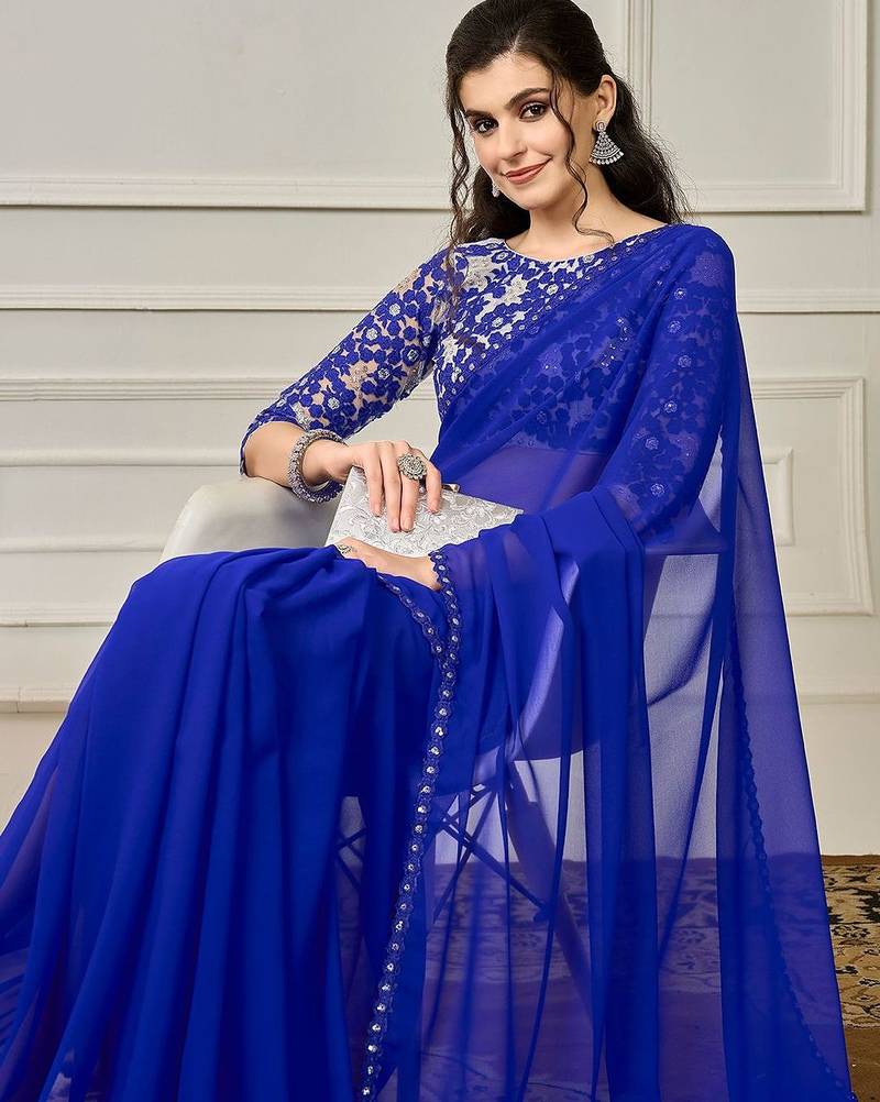 Blue sequin embellished border saree with unstitched blouse